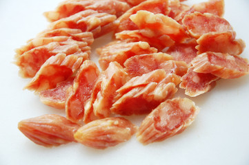 close up of Chinese sausage with white background