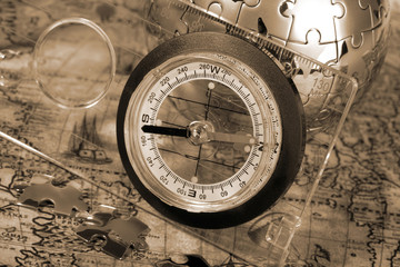 Compass on the old map