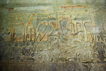Close-up of engraved walls all around Angkor Wat temple