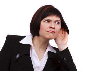 Business woman listening gossip