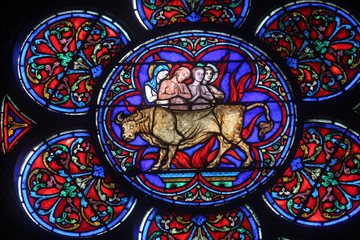 Stained glass window in Cathedral Notre Dame de Paris