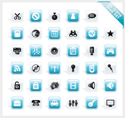 Blue set of 35 shiny icons on square button