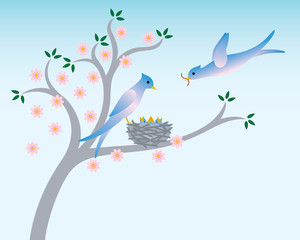 Birds with Nest in Spring