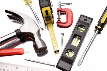 Assortment of work tools on white