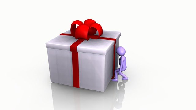 Curious 3D man opening a gift box against a white background