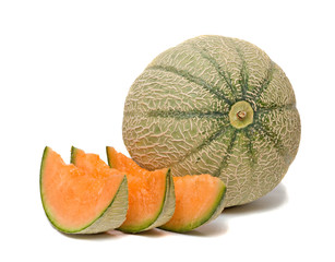 melon and three segments isolated on white background