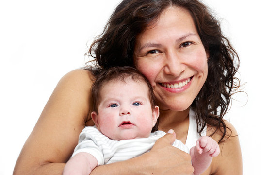 closeup portrait of happy mother with baby