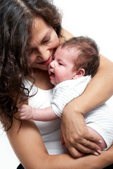 closeup portrait of happy mother with baby