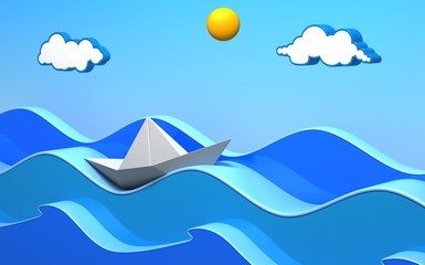 Fototapeta na wymiar Paper Boat In Stylized Sea