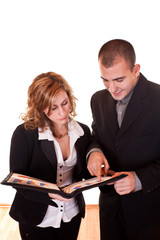 businessman and businesswoman discussing