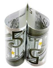 billet coeur de 5 euros, fond blanc