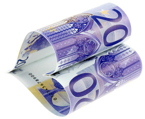 billet coeur de 20 euros, fond blanc