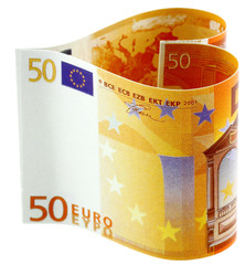 billet coeur de 50 euros, fond blanc