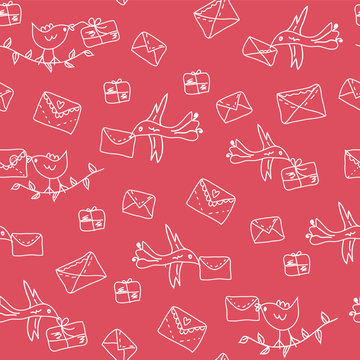 Cute seamless pattern with envelops and post birds