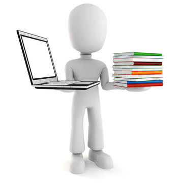 3d man holding a laptopp and some books