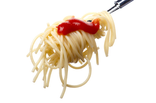 spaghetti on fork with ketchup