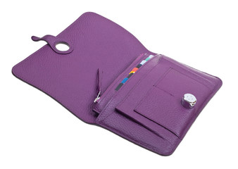 Purple womens leather open wallet isolated on white