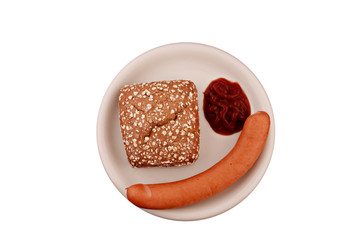 Bockwurst mit Brötchen und Ketchup