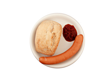 Bockwurst mit Brötchen und Ketchup