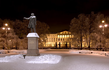 The building of the Russian Museum and Pushkin monument at night