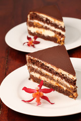 Chocolate cake with cheese and apricot jam