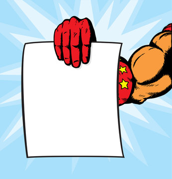 superhero hand holding flyer.
