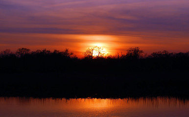 Sunset under forest lake