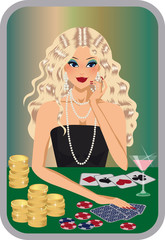 beautiful blonde girl plays poker.  vector.