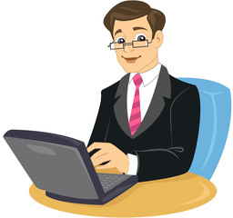 A business man in suit working on laptop