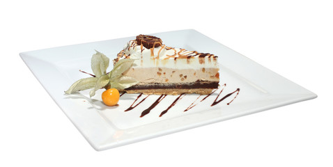 Cake with chocolate, caramel and cream