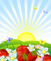 Abwaschbare Fototapete Schmetterling Frische Erdbeeren