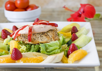 Chicken salad with dressing and fresh fruit