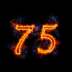 Fiery text '75'.