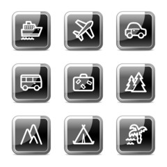 Travel web icons set 1, black square glossy buttons series