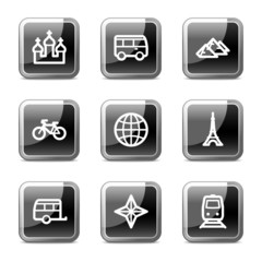 Travel web icons set 2, black square glossy buttons series