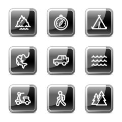 Travel web icons set 3, black square glossy buttons series