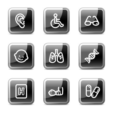 Medicine web icons set 2, black square glossy buttons series