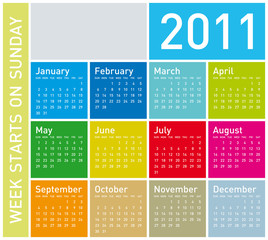 Colorful Calendar 2011. week starts on Sunday