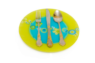 Flat dish, spoon, knife, fork