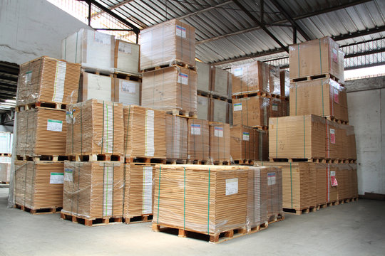 merchandise stacked in a warehouse