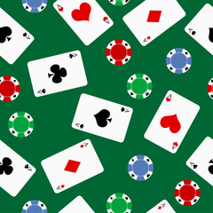 Seamless pattern playing cards and casino game chips