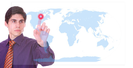 businessman touching a on a world map