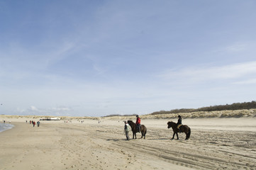 Two equestrians on horseback on the beach