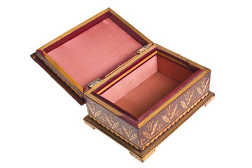 Old antique open wooden casket isolated with cliping path