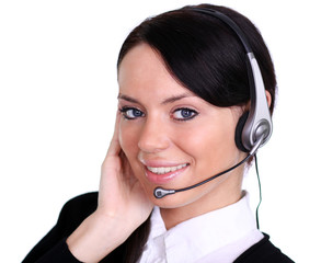 Close-up face of smiling woman in headphones