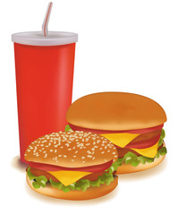 Photo-realistic vector illustration. Two burgers and a drink.