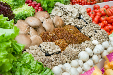 Vegetables and mushrooms in supermarket