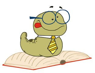 Fototapeta premium Worm Wearing A Tie And Glasses, Resting On An Open Book