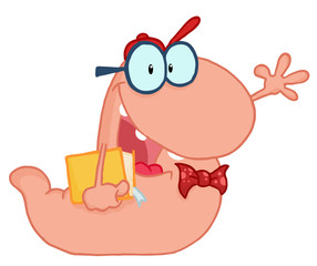 Waving Pink Worm Student Carrying A Book