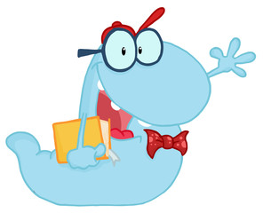 Waving Blue Worm Student Carrying A Book